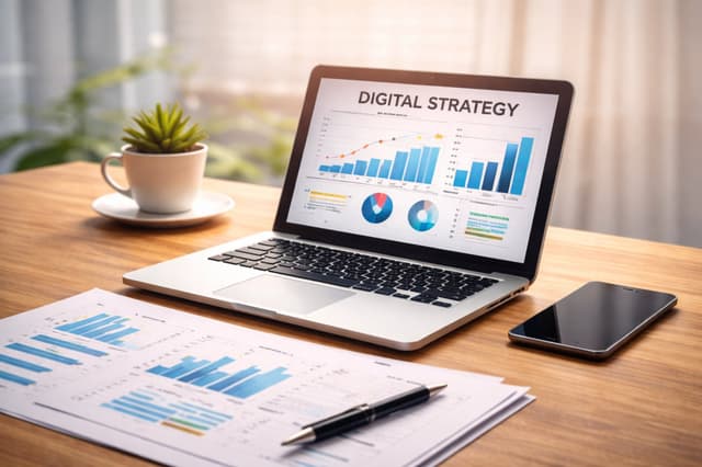 Ноутбук с дашбордом digital-стратегии на рабочем столе