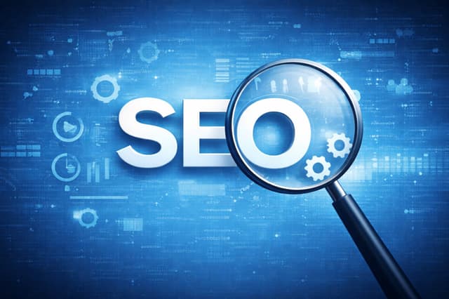 Иллюстрация SEO с увеличительным стеклом над буквами